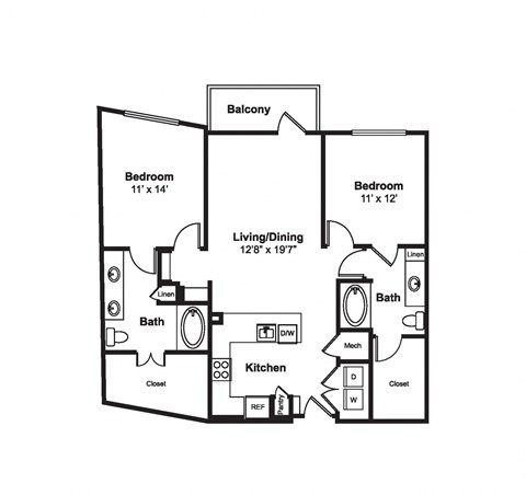 Floor plan for 2 beds, 2 baths, 1153 sqft